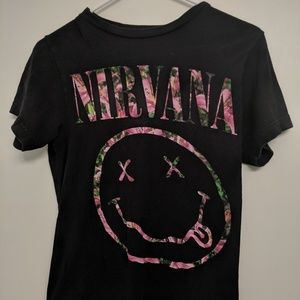 Nirvana Smiley Pink Floral Black Logo Tee
